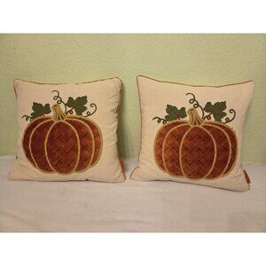 Pair Celerie 17x17" Veltvet & Felt Pumpkins Decorative Feather Throw Pillows